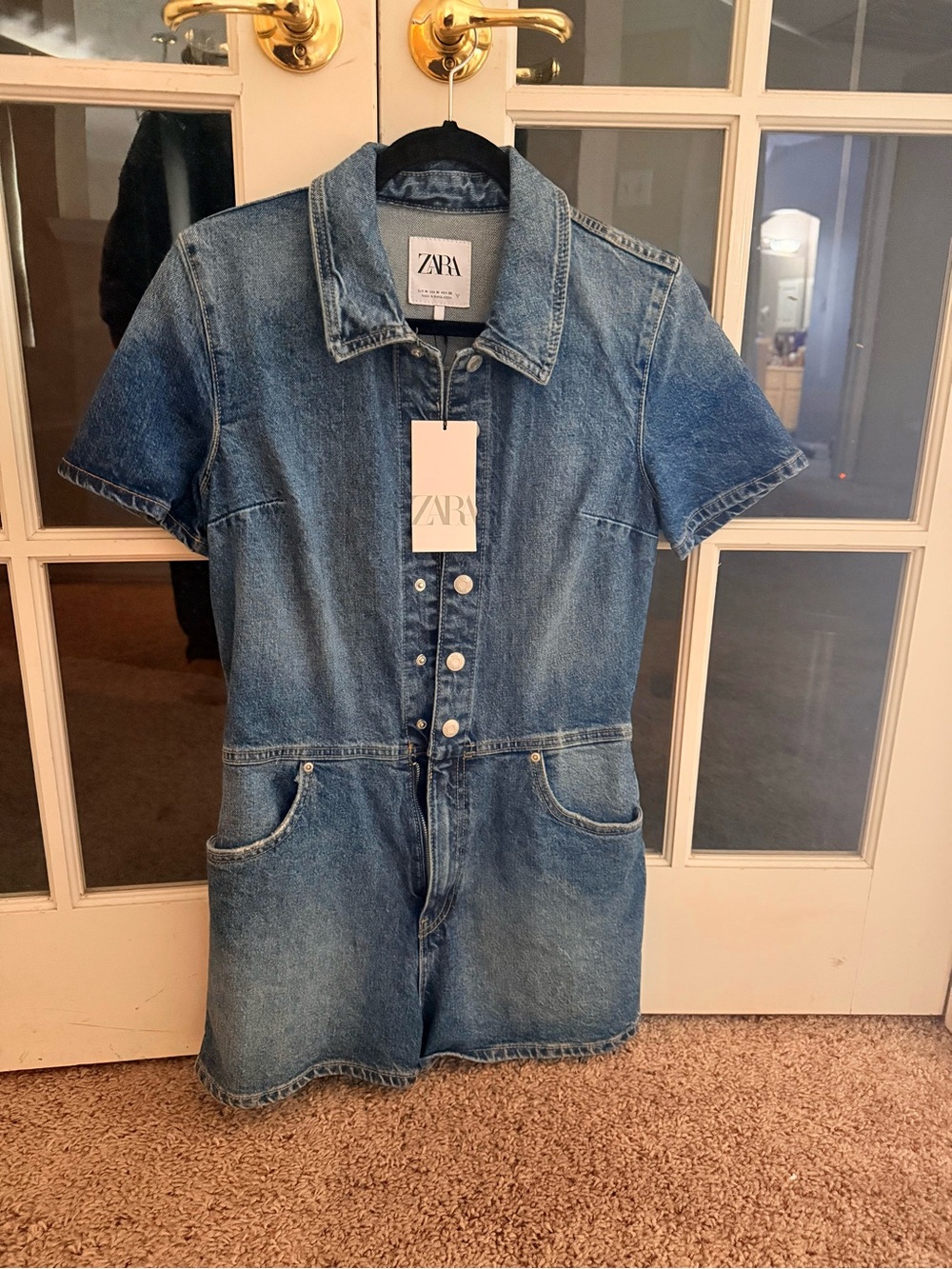 ZARA Blue Short-Sleeve Denim Overalls Romper